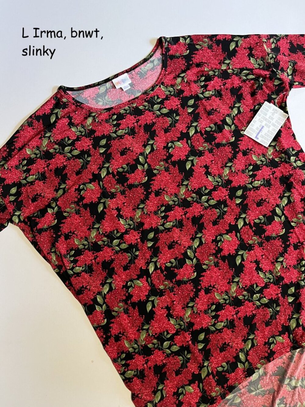 Large Lularoe Irma oversized tunic top, black with red flowers, slinky